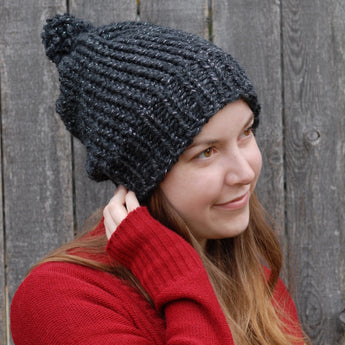 Black and Silver Slouchy Pom Pom Beanie