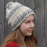 Striped Neutral Slouchy Pom Pom Beanie